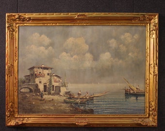 Seascape landscape painting oil on board signed artwork Italian 900