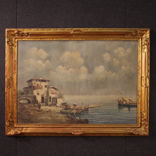 Peinture paysage marin huile sur panneau, oeuvre d'art signée Italian 900