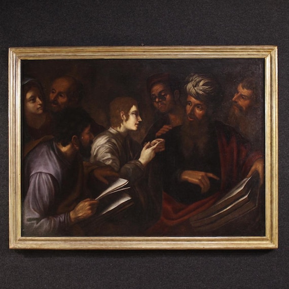 Christ among the Doctors antique religious oil painting on canvas 17th century