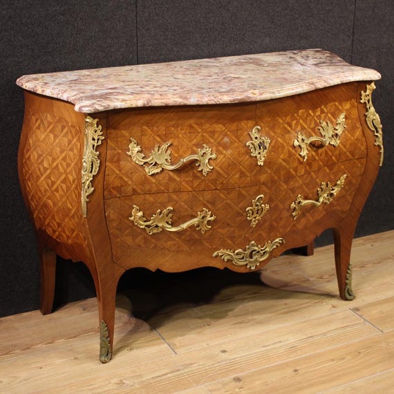 Commode furniture inlaid wood Louis XV style dresser marble top 20th century