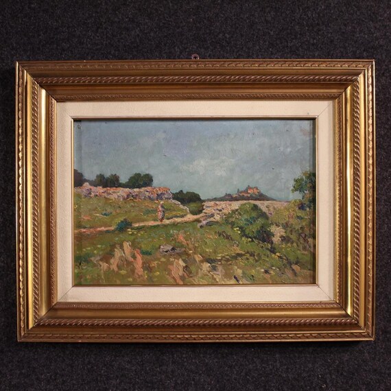 Italian painting artwork oil on cardboard signed landscape 20th century frame