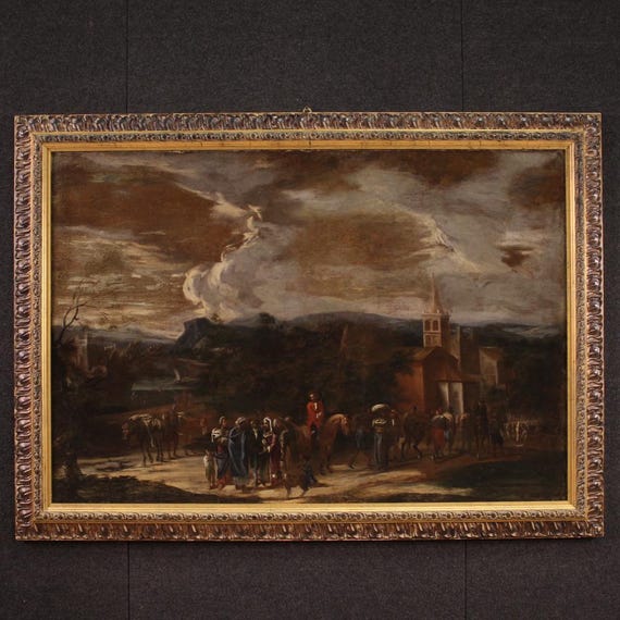 Antique landscape with figures painting oil on canvas artwork art 18th century