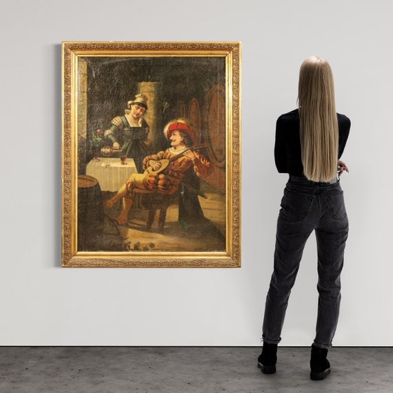 Painting interior scene framework oil on canvas with frame antique style 900
