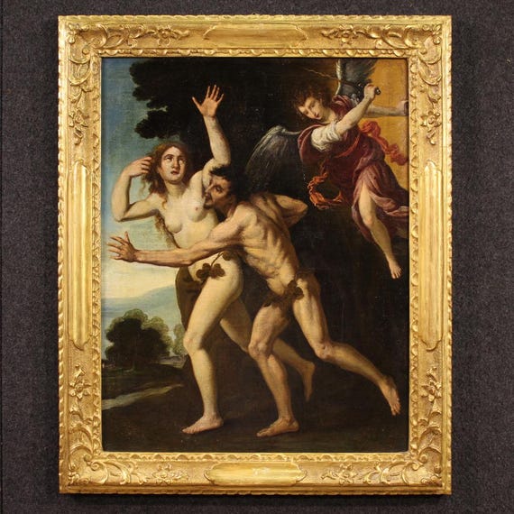 Adam Eve Paradise antique painting oil on canvas artwork art 17th century