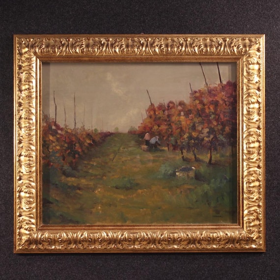 Italian painting oil on canvas landscape signed Ellena vineyard 20th century