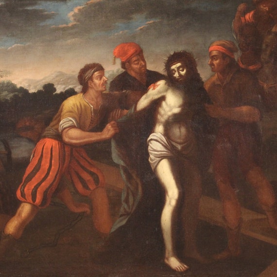 Antique religious painting crucifixion Christ Jesus artwork oil on canvas 600