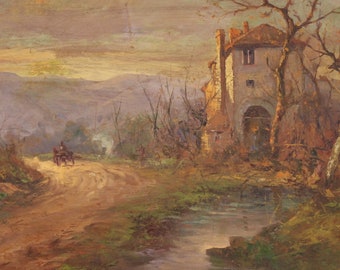 Landscape signed Italian bucolic painting oil on board countryside artwork 900