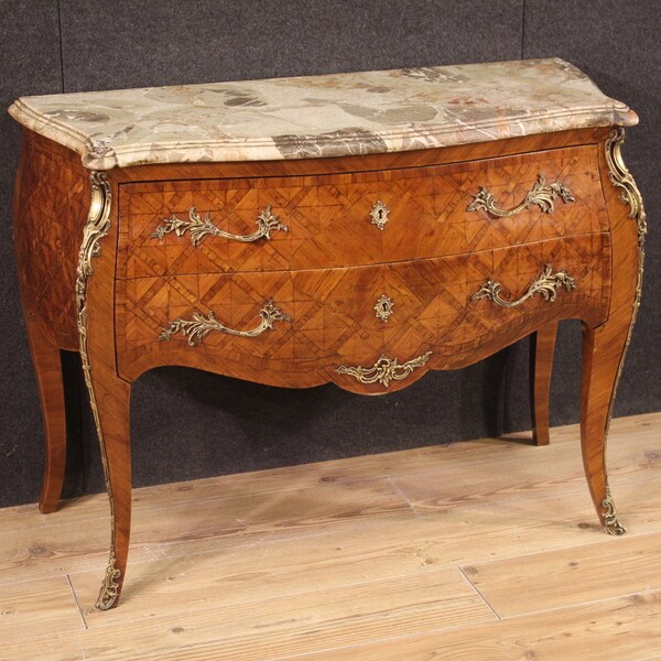 French antique style Louis XV chest of drawers, marble top, mobile chest of drawers, 20th century