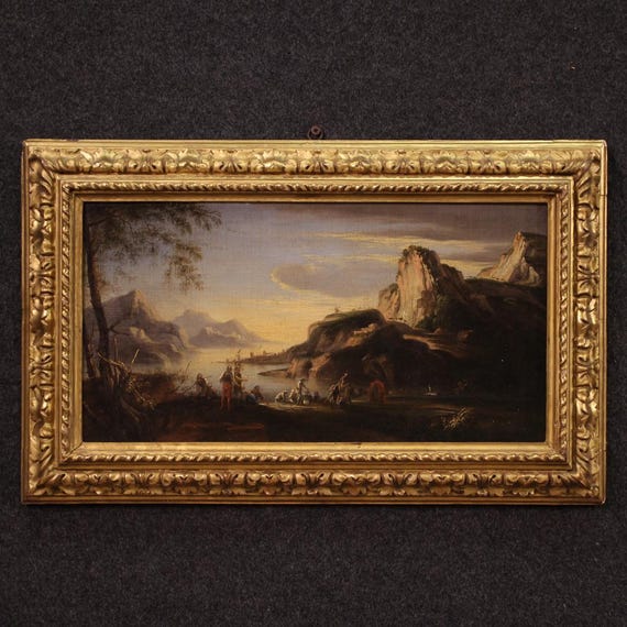 Antique landscape view lake artwork oil canvas painting soldiers 17th century