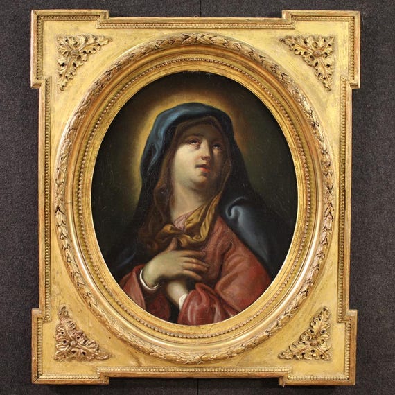 Antique Madonna religious oil painting canvas Virgin Mary artwork 17th century