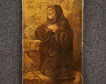 Pintura antigua italiana, obra de arte al óleo sobre lienzo, religiosa, San Francisco Paola, 600