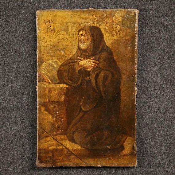 Antique Italian painting artwork oil canvas religious Saint Francis Paola 600