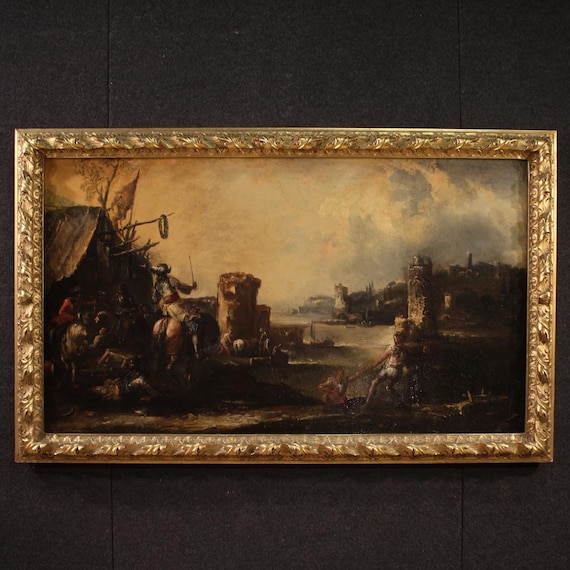 Landscape knights soldiers antique oil painting on canvas seascape 18th century