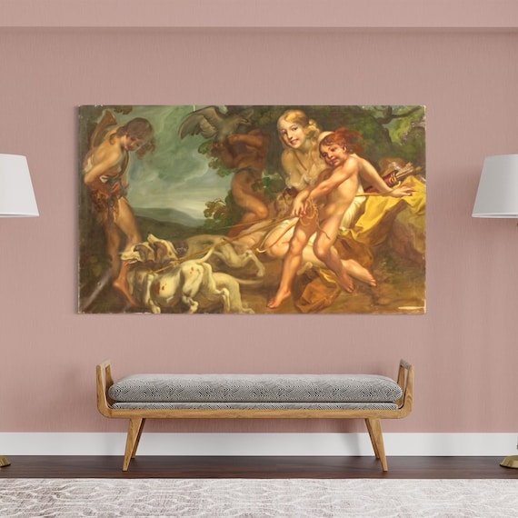 Large mythological painting Diana Huntress framework oil on canvas 20th century