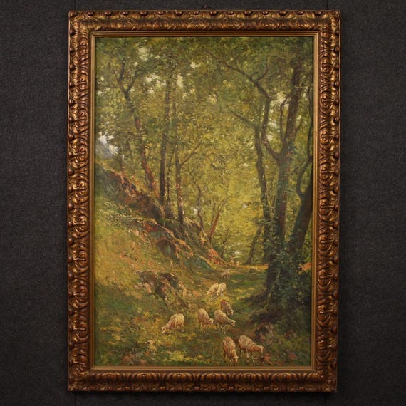Painting oil on canvas artwork landscape sheep 20th century signed Bentivoglio