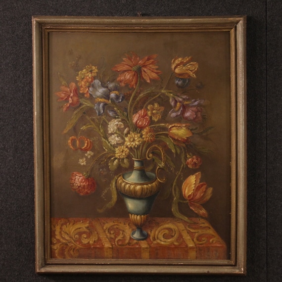 Vase of flowers painting oil on masonite still life artwork 20th century frame