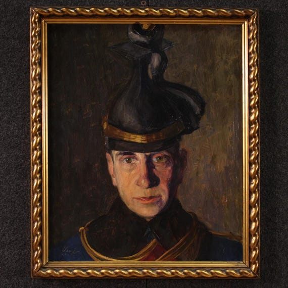 Painting oil on cardboard soldier portrait frame artwork signed dated 1915