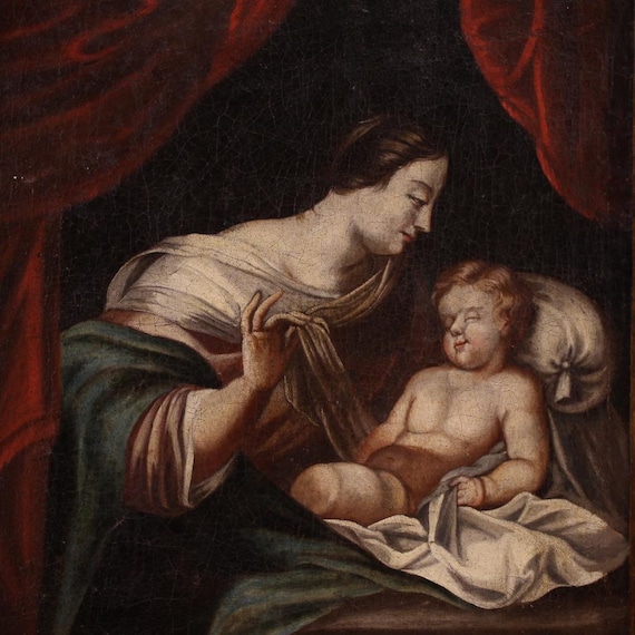 Madonna with Child religious antique painting artwork oil canvas 18th century