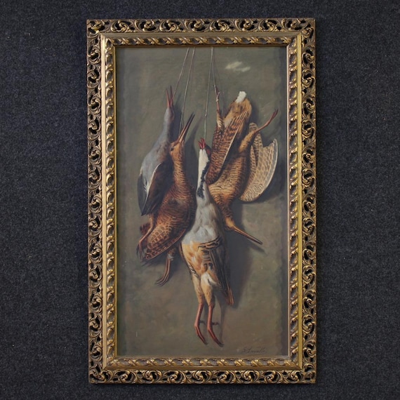 Italian painting oil on board artwork still life game signed 20th century