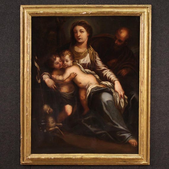 Holy Family antique painting oil canvas artwork Infant Saint John 17th century