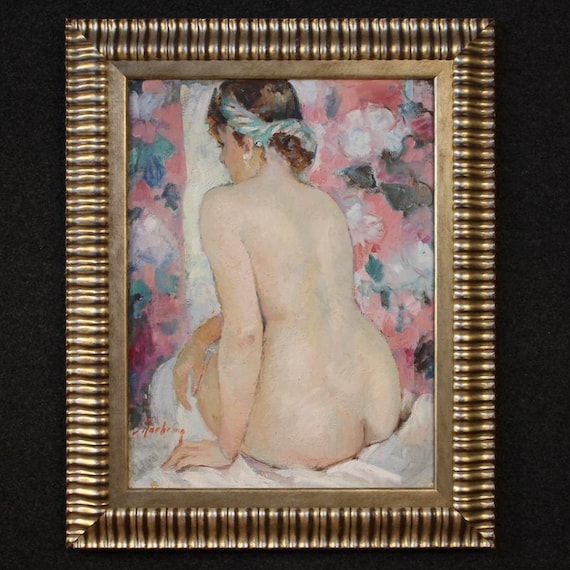 French painting oil on canvas artwork female nude signed Kaehrling 20th century