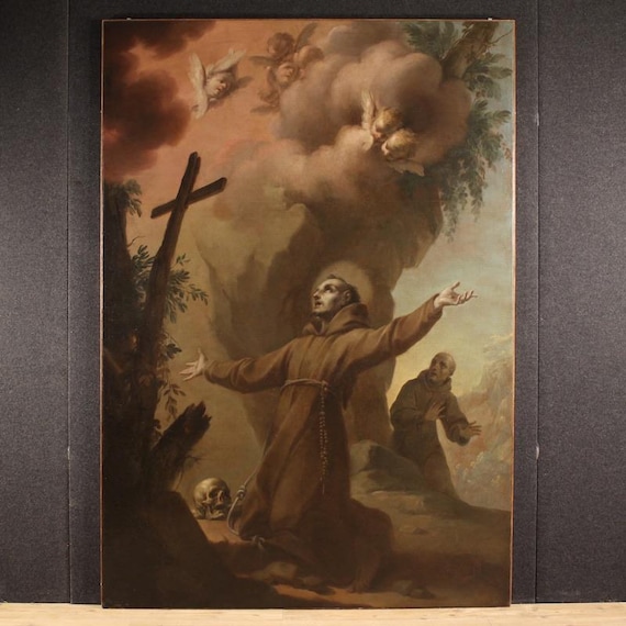 Great painting religious antique artwork oil on canvas Saint Francis 18th century