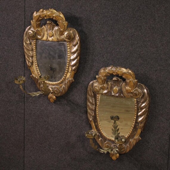 Pair Italian antique wall lights lacquered Louis XV style mirrors 18th century