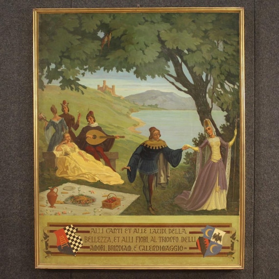 Italian landscape painting with characters from 20th century