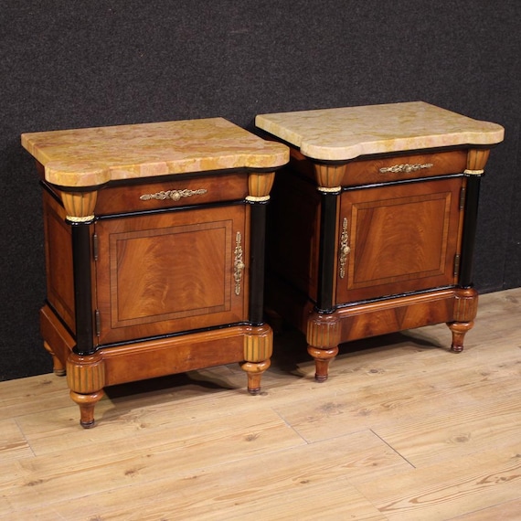 Pair of night stands furniture in wood marble top bedside tables 20th century