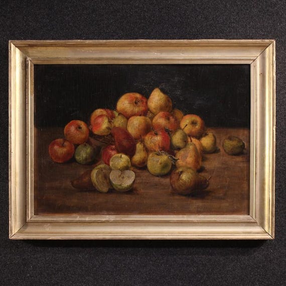 Still life fruit apples pears oil painting on board 20th century artwork frame