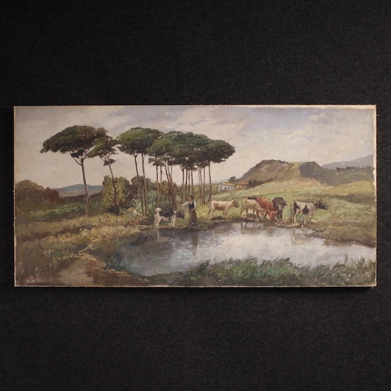 Great oil painting bucolic landscape signed Giron artwork 20th century