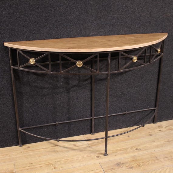 French half-moon console furniture side table in metal and wood 20th century