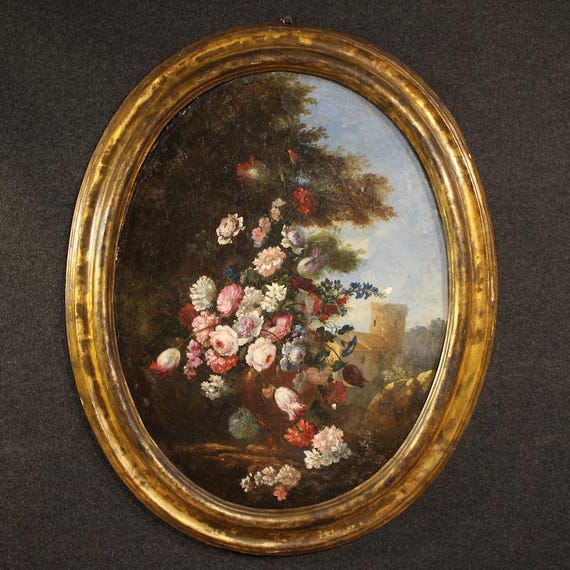 Antique Italian painting oval artwork oil on canvas still life 18th century