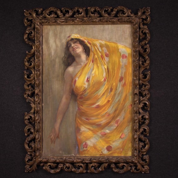 Signed 1912 Oil Painting, Portrait of Oriental Woman, Aldo Mazza, Italian Art