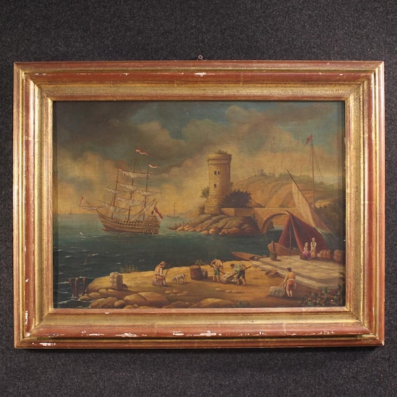 Painting oil on canvas Italian artwork landscape seascape harbor view 20th cent