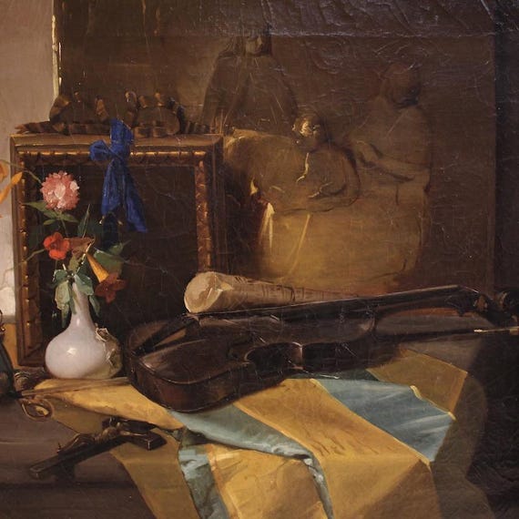 Antique painting still life artwork oil on canvas with gold frame 19th century
