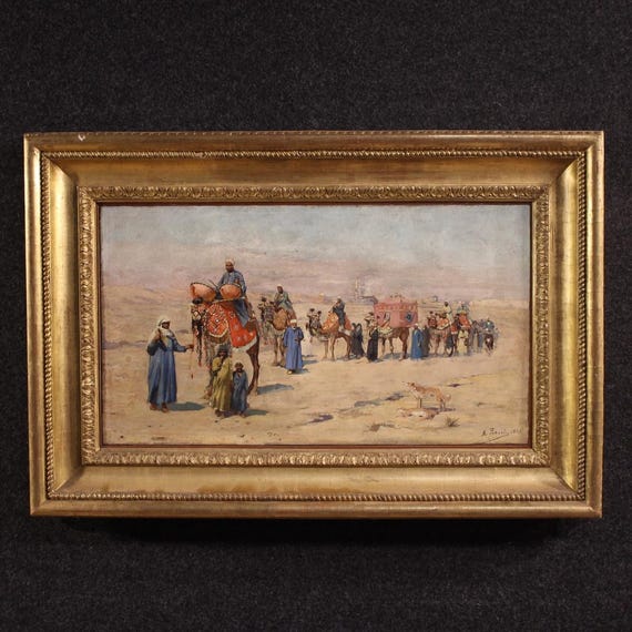 Orientalist painting signed A. Rossi and dated 1893, caravan in the desert