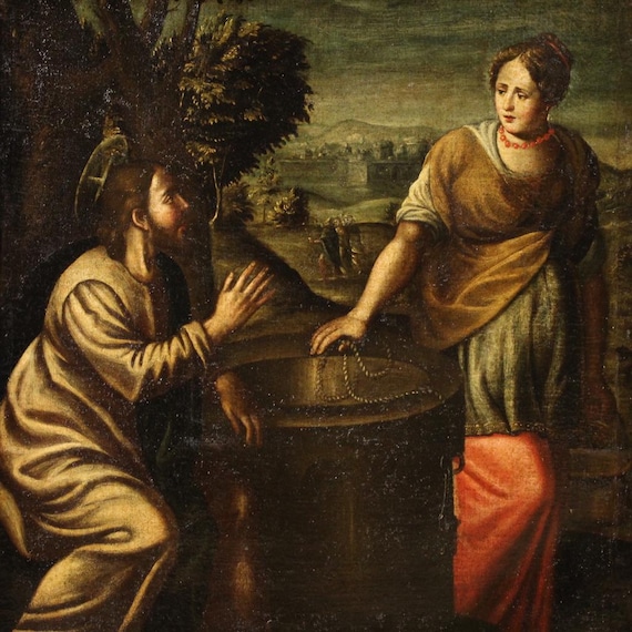 Antique painting Christ Samaritan woman well religious artwork 17th century