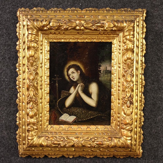 Copper antique penitent Magdalene artwork Saint painting oil 17th century