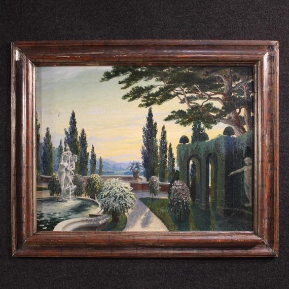 Italian painting oil on canvas artwork landscape garden signed 20th century