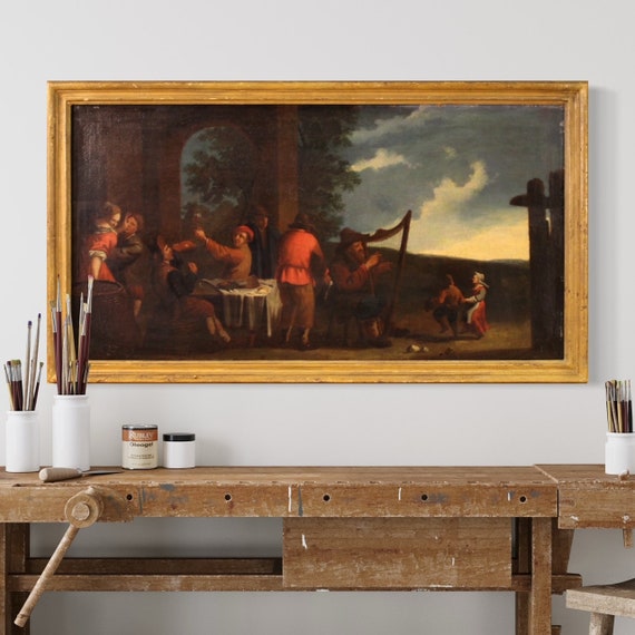 Antique painting bamboccianti genre scene artwork oil on canvas 17th century