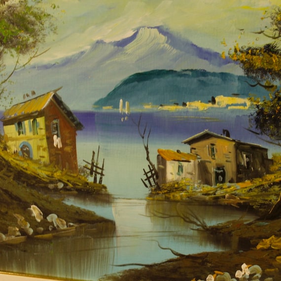 Italian lake view signed painting oil on canvas
