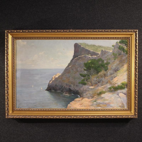 Spanish painting oil canvas signed artwork seascape cliff landscape 20th cent
