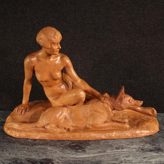 French sculpture Art Deco statue in terracotta signed woman dog 20th century