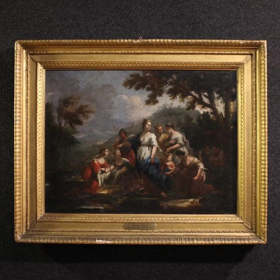 Moses saved from the waters antique painting Venetian school oil 18th century