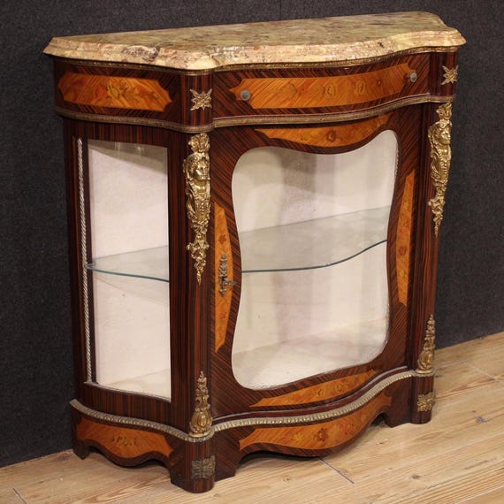 French inlaid sideboard cabinet Napoleon III style vitrine marble 20th century