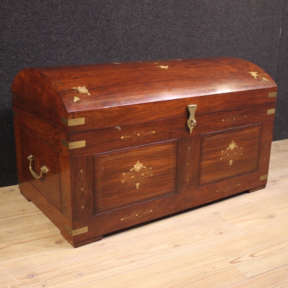 French trunk in mahogany wood furniture gilded brass 20th century chest