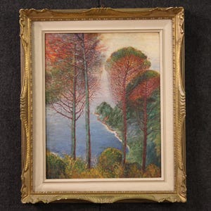 Italian painting signed artwork oil on board landscape art 20th century