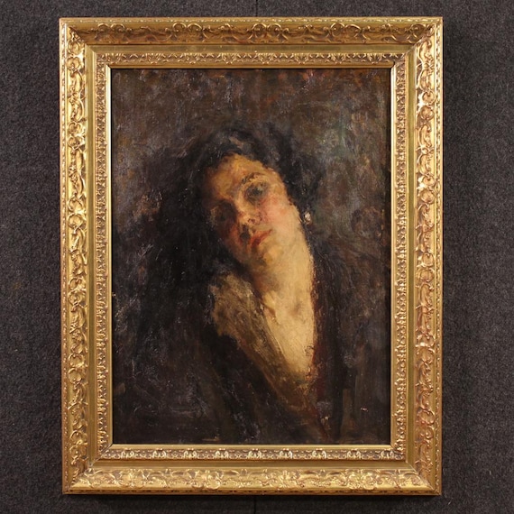 Italian impressionist painting oil on canvas artwork female portrait 19th cent