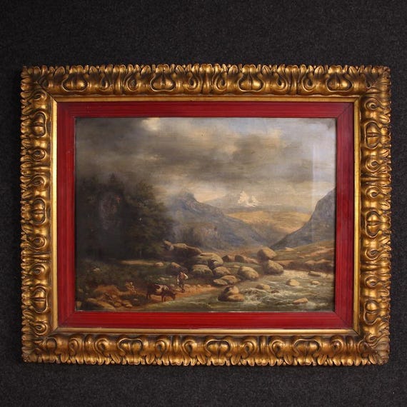 Landscape painting cow shepherd oil canvas signed Pagani dated 1846 frame